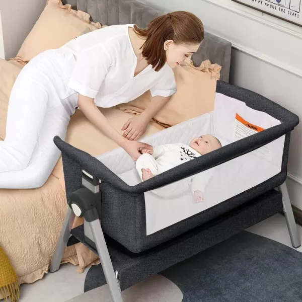 INFANS Baby Bassinet Bedside Crib, Newborn Sleeper w/Large Storage Basket, Adjustable Heights &amp; Angle, Detachable &amp;Washable Mattress, Breathable Mesh, Straps, Easy Moving Bed Side, Light Grey