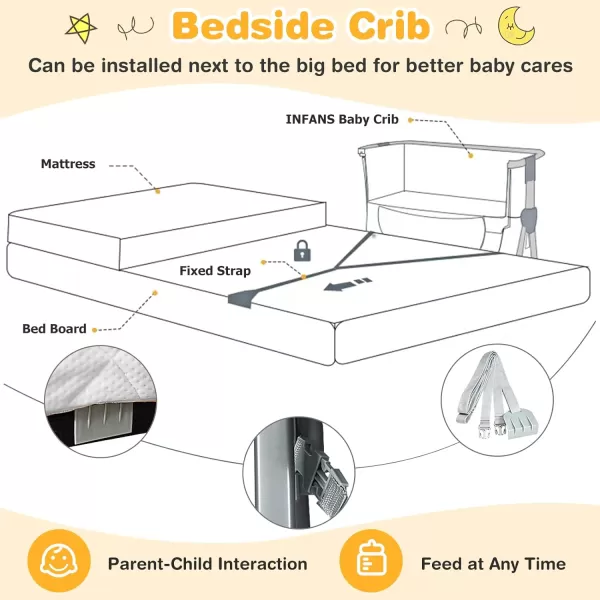 INFANS Baby Bassinet Bedside Crib, Newborn Sleeper w/Large Storage Basket, Adjustable Heights &amp; Angle, Detachable &amp;Washable Mattress, Breathable Mesh, Straps, Easy Moving Bed Side, Light Grey