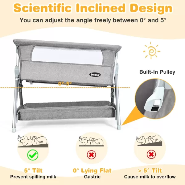 INFANS Baby Bassinet Bedside Crib, Newborn Sleeper w/Large Storage Basket, Adjustable Heights &amp; Angle, Detachable &amp;Washable Mattress, Breathable Mesh, Straps, Easy Moving Bed Side, Light Grey
