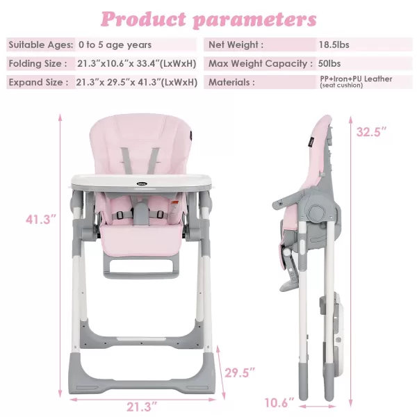 INFANS High Chair for Babies &amp; Toddlers, Foldable Highchair with Multiple Adjustable Backrest, Footrest and Seat Height, Removable Tray, Detachable PU Leather Cushion, Built-in Rear Wheels 