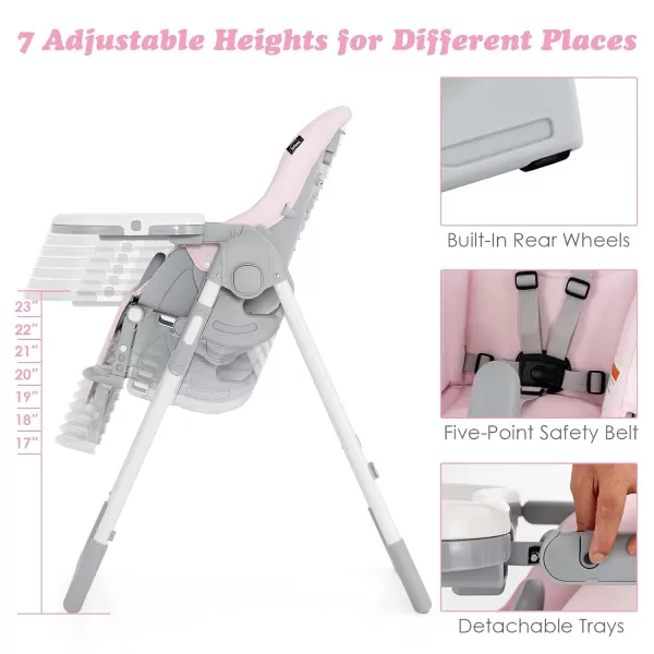 INFANS High Chair for Babies &amp; Toddlers, Foldable Highchair with Multiple Adjustable Backrest, Footrest and Seat Height, Removable Tray, Detachable PU Leather Cushion, Built-in Rear Wheels 