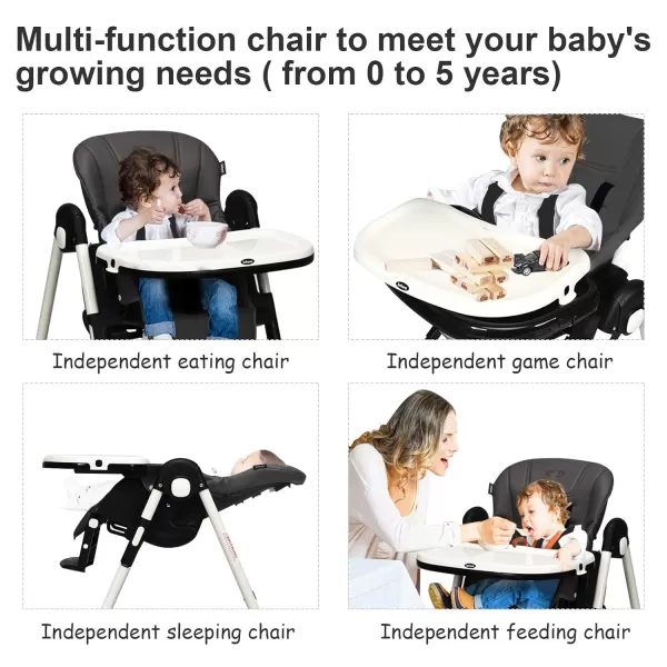 INFANS High Chair for Babies &amp; Toddlers, Foldable Highchair with Multiple Adjustable Backrest, Footrest and Seat Height, Removable Tray, Detachable PU Leather Cushion, Built-in Rear Wheels 