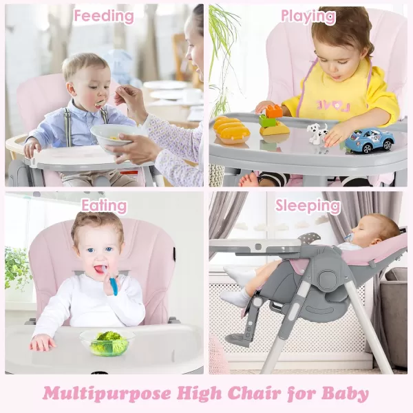 INFANS High Chair for Babies &amp; Toddlers, Foldable Highchair with Multiple Adjustable Backrest, Footrest and Seat Height, Removable Tray, Detachable PU Leather Cushion, Built-in Rear Wheels 