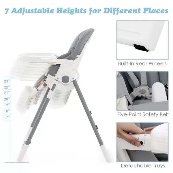 INFANS High Chair for Babies &amp; Toddlers, Foldable Highchair with Multiple Adjustable Backrest, Footrest and Seat Height, Removable Tray, Detachable PU Leather Cushion, Built-in Rear Wheels 