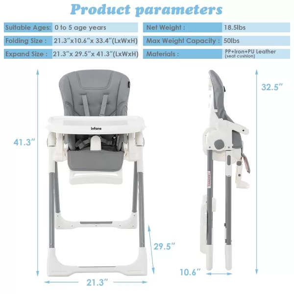 INFANS High Chair for Babies &amp; Toddlers, Foldable Highchair with Multiple Adjustable Backrest, Footrest and Seat Height, Removable Tray, Detachable PU Leather Cushion, Built-in Rear Wheels 