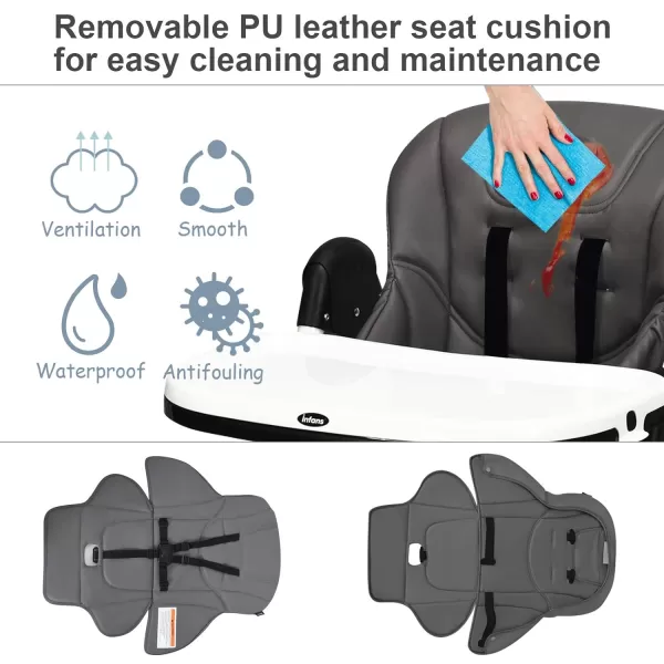 INFANS High Chair for Babies &amp; Toddlers, Foldable Highchair with Multiple Adjustable Backrest, Footrest and Seat Height, Removable Tray, Detachable PU Leather Cushion, Built-in Rear Wheels 