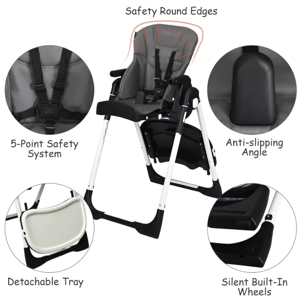 INFANS High Chair for Babies &amp; Toddlers, Foldable Highchair with Multiple Adjustable Backrest, Footrest and Seat Height, Removable Tray, Detachable PU Leather Cushion, Built-in Rear Wheels 