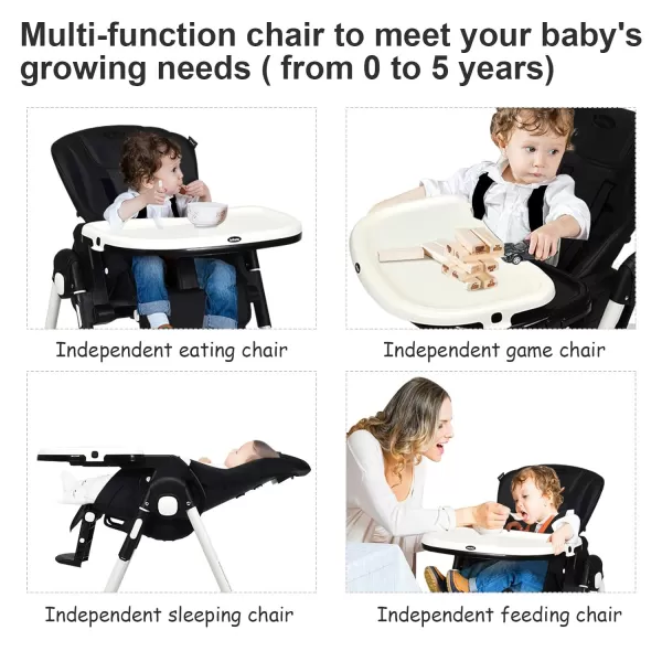 INFANS High Chair for Babies &amp; Toddlers, Foldable Highchair with Multiple Adjustable Backrest, Footrest and Seat Height, Removable Tray, Detachable PU Leather Cushion, Built-in Rear Wheels 