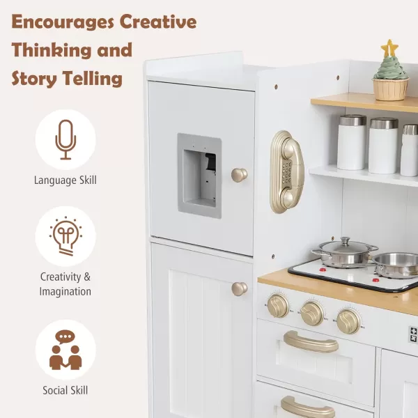 INFANS Kid Kitchen Playset, Toddler Wooden Pretend Cooking Set with Realistic Light &amp; Sound, Stove, Sink, Microwave, Storage Cabinet, Play Kitchen Toy Set for Children Boys Girls