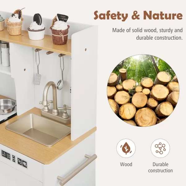 INFANS Kid Kitchen Playset, Toddler Wooden Pretend Cooking Set with Realistic Light &amp; Sound, Stove, Sink, Microwave, Storage Cabinet, Play Kitchen Toy Set for Children Boys Girls