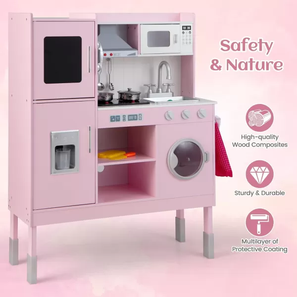 INFANS Kid Kitchen Playset, Toddler Wooden Pretend Cooking Set with Realistic Light &amp; Sound, Stove, Sink, Microwave, Storage Cabinet, Play Kitchen Toy Set for Children Boys Girls
