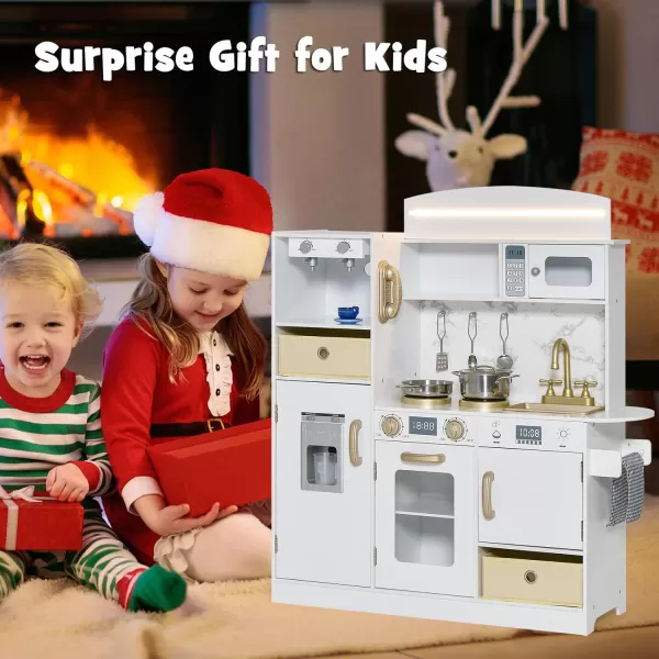 INFANS Kid Kitchen Playset, Toddler Wooden Pretend Cooking Set with Realistic Light &amp; Sound, Stove, Sink, Microwave, Storage Cabinet, Play Kitchen Toy Set for Children Boys Girls