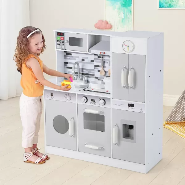 INFANS Kid Kitchen Playset, Toddler Wooden Pretend Cooking Set with Realistic Light &amp; Sound, Stove, Sink, Microwave, Storage Cabinet, Play Kitchen Toy Set for Children Boys Girls