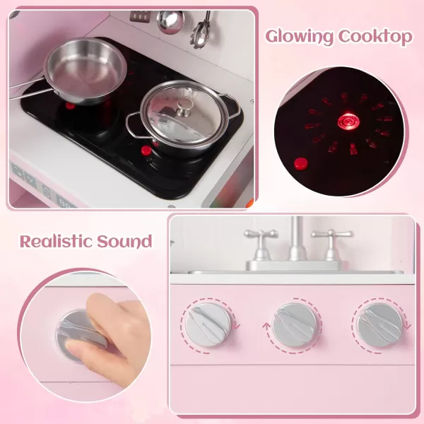 INFANS Kid Kitchen Playset, Toddler Wooden Pretend Cooking Set with Realistic Light &amp; Sound, Stove, Sink, Microwave, Storage Cabinet, Play Kitchen Toy Set for Children Boys Girls