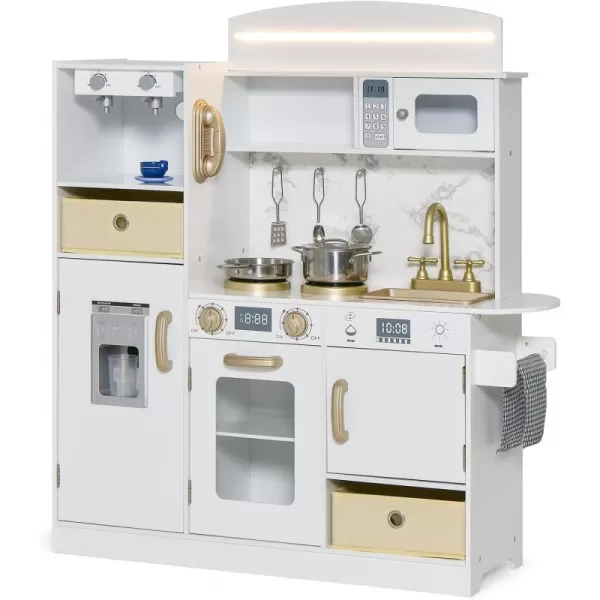 INFANS Kid Kitchen Playset, Toddler Wooden Pretend Cooking Set with Realistic Light &amp; Sound, Stove, Sink, Microwave, Storage Cabinet, Play Kitchen Toy Set for Children Boys Girls
