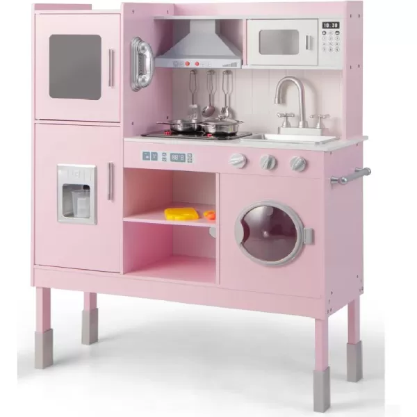 INFANS Kid Kitchen Playset, Toddler Wooden Pretend Cooking Set with Realistic Light &amp; Sound, Stove, Sink, Microwave, Storage Cabinet, Play Kitchen Toy Set for Children Boys Girls