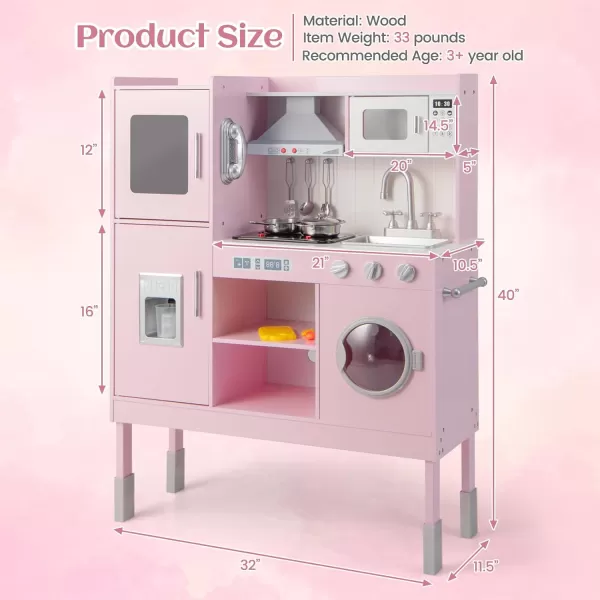 INFANS Kid Kitchen Playset, Toddler Wooden Pretend Cooking Set with Realistic Light &amp; Sound, Stove, Sink, Microwave, Storage Cabinet, Play Kitchen Toy Set for Children Boys Girls