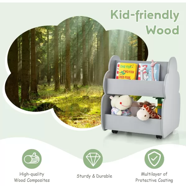 INFANS Kids Bookshelf with Wheels, Wooden Bookcase Toy Storage Cabinet Organizer Holder, Toddler Display Stand Book Rack for Bedroom Playroom Nursery Kindergarten