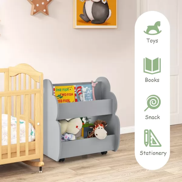 INFANS Kids Bookshelf with Wheels, Wooden Bookcase Toy Storage Cabinet Organizer Holder, Toddler Display Stand Book Rack for Bedroom Playroom Nursery Kindergarten