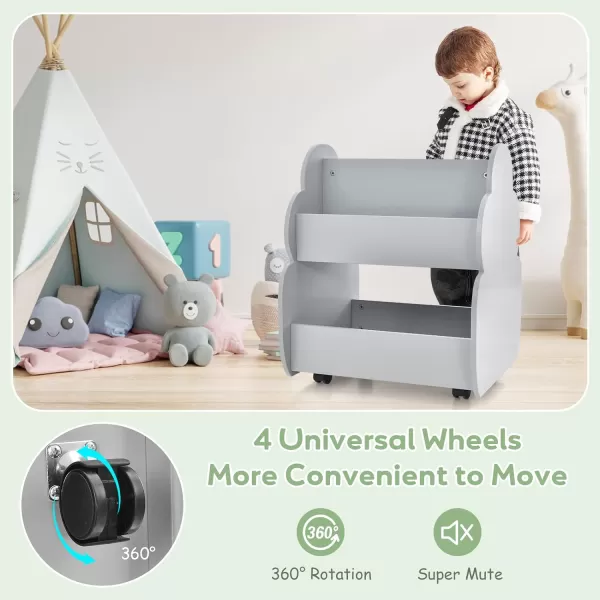 INFANS Kids Bookshelf with Wheels, Wooden Bookcase Toy Storage Cabinet Organizer Holder, Toddler Display Stand Book Rack for Bedroom Playroom Nursery Kindergarten
