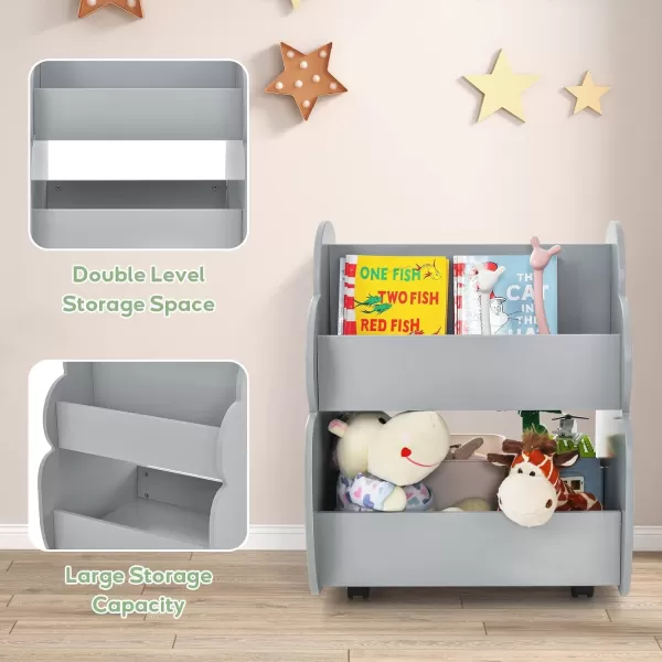 INFANS Kids Bookshelf with Wheels, Wooden Bookcase Toy Storage Cabinet Organizer Holder, Toddler Display Stand Book Rack for Bedroom Playroom Nursery Kindergarten
