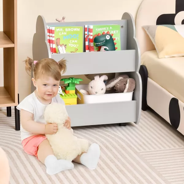 INFANS Kids Bookshelf with Wheels, Wooden Bookcase Toy Storage Cabinet Organizer Holder, Toddler Display Stand Book Rack for Bedroom Playroom Nursery Kindergarten