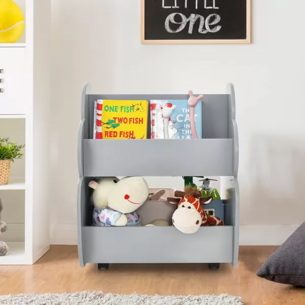 INFANS Kids Bookshelf with Wheels, Wooden Bookcase Toy Storage Cabinet Organizer Holder, Toddler Display Stand Book Rack for Bedroom Playroom Nursery Kindergarten