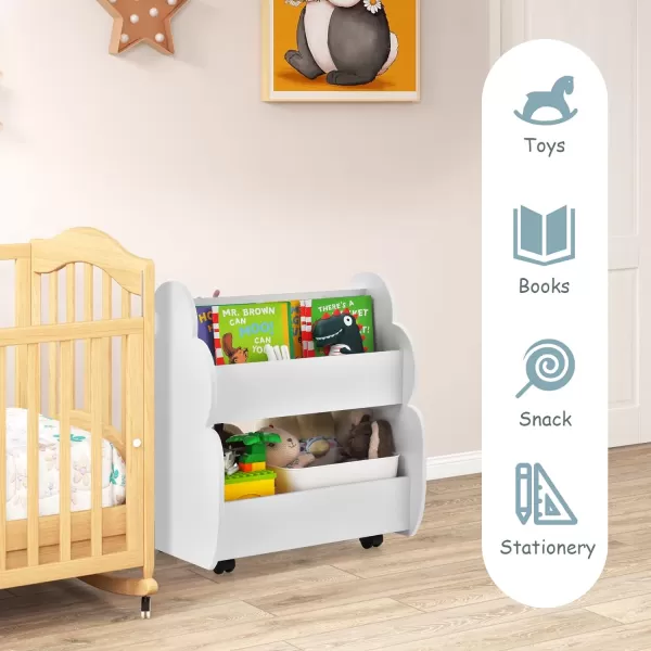 INFANS Kids Bookshelf with Wheels, Wooden Bookcase Toy Storage Cabinet Organizer Holder, Toddler Display Stand Book Rack for Bedroom Playroom Nursery Kindergarten
