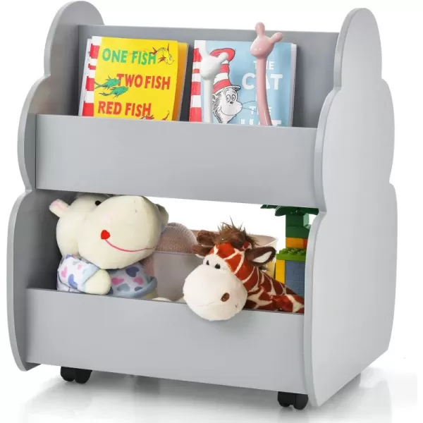 INFANS Kids Bookshelf with Wheels, Wooden Bookcase Toy Storage Cabinet Organizer Holder, Toddler Display Stand Book Rack for Bedroom Playroom Nursery Kindergarten