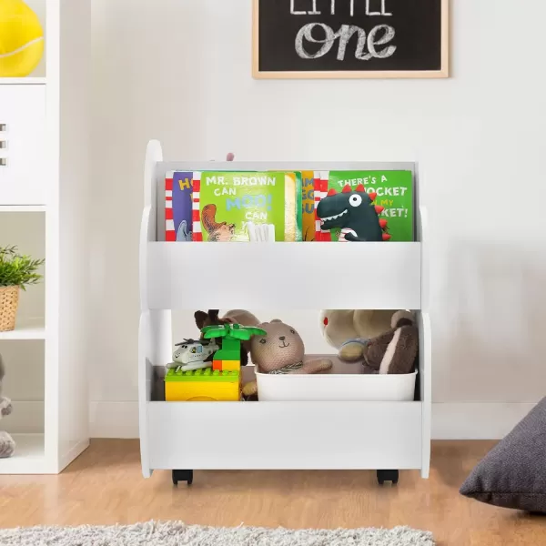INFANS Kids Bookshelf with Wheels, Wooden Bookcase Toy Storage Cabinet Organizer Holder, Toddler Display Stand Book Rack for Bedroom Playroom Nursery Kindergarten