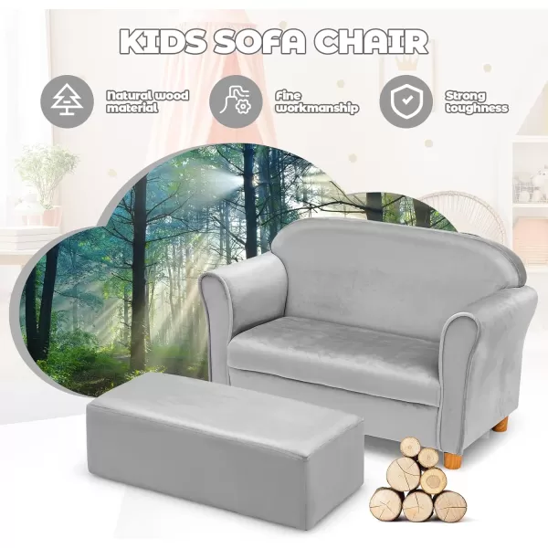 INFANS Kids Sofa with Footstool, 2 Seat Toddler Upholstered Couch, Children Armrest Chair Lounge for Bedroom Kindergarten Kids Room Boys Girls, Sturdy Wood Construction Velvet Surface 