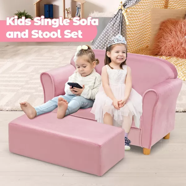 INFANS Kids Sofa with Footstool, 2 Seat Toddler Upholstered Couch, Children Armrest Chair Lounge for Bedroom Kindergarten Kids Room Boys Girls, Sturdy Wood Construction Velvet Surface 