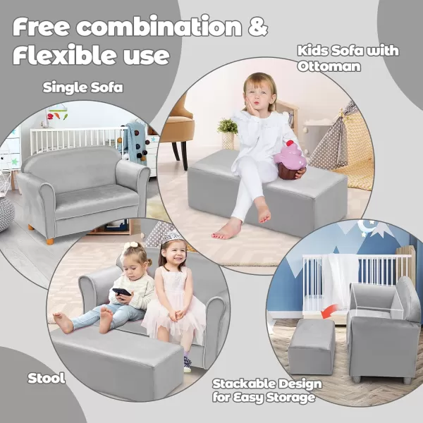 INFANS Kids Sofa with Footstool, 2 Seat Toddler Upholstered Couch, Children Armrest Chair Lounge for Bedroom Kindergarten Kids Room Boys Girls, Sturdy Wood Construction Velvet Surface 
