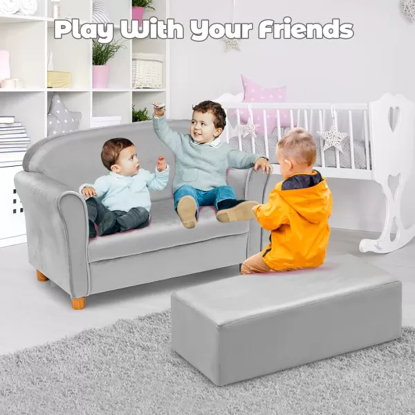 INFANS Kids Sofa with Footstool, 2 Seat Toddler Upholstered Couch, Children Armrest Chair Lounge for Bedroom Kindergarten Kids Room Boys Girls, Sturdy Wood Construction Velvet Surface 