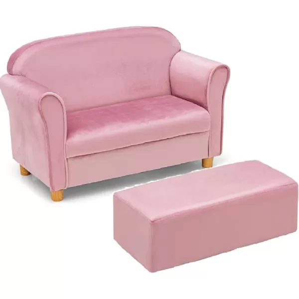 INFANS Kids Sofa with Footstool, 2 Seat Toddler Upholstered Couch, Children Armrest Chair Lounge for Bedroom Kindergarten Kids Room Boys Girls, Sturdy Wood Construction Velvet Surface 