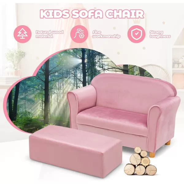 INFANS Kids Sofa with Footstool, 2 Seat Toddler Upholstered Couch, Children Armrest Chair Lounge for Bedroom Kindergarten Kids Room Boys Girls, Sturdy Wood Construction Velvet Surface 