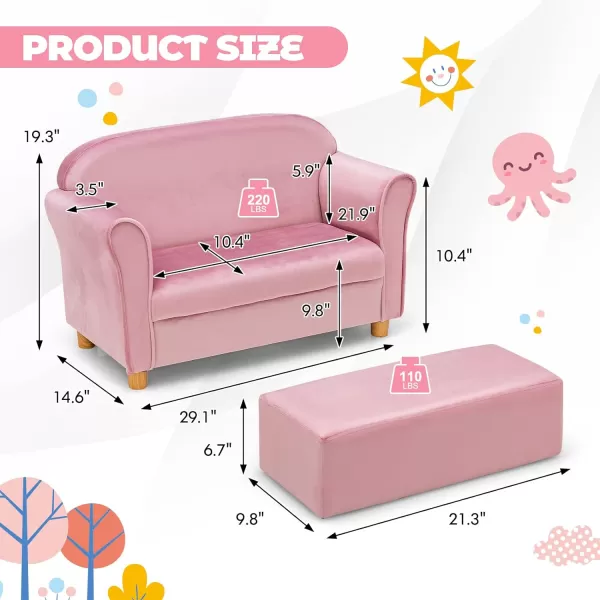 INFANS Kids Sofa with Footstool, 2 Seat Toddler Upholstered Couch, Children Armrest Chair Lounge for Bedroom Kindergarten Kids Room Boys Girls, Sturdy Wood Construction Velvet Surface 