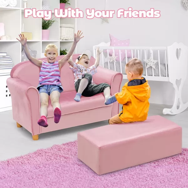 INFANS Kids Sofa with Footstool, 2 Seat Toddler Upholstered Couch, Children Armrest Chair Lounge for Bedroom Kindergarten Kids Room Boys Girls, Sturdy Wood Construction Velvet Surface 