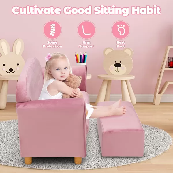 INFANS Kids Sofa with Footstool, 2 Seat Toddler Upholstered Couch, Children Armrest Chair Lounge for Bedroom Kindergarten Kids Room Boys Girls, Sturdy Wood Construction Velvet Surface 