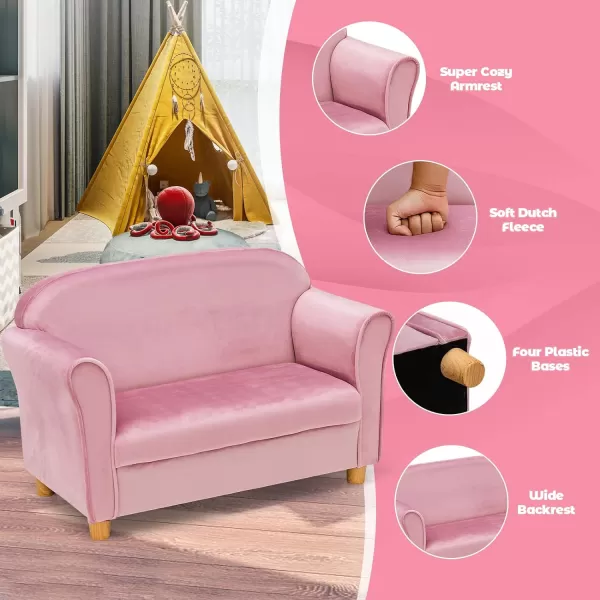 INFANS Kids Sofa with Footstool, 2 Seat Toddler Upholstered Couch, Children Armrest Chair Lounge for Bedroom Kindergarten Kids Room Boys Girls, Sturdy Wood Construction Velvet Surface 