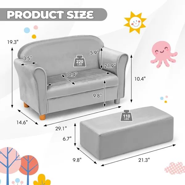 INFANS Kids Sofa with Footstool, 2 Seat Toddler Upholstered Couch, Children Armrest Chair Lounge for Bedroom Kindergarten Kids Room Boys Girls, Sturdy Wood Construction Velvet Surface 