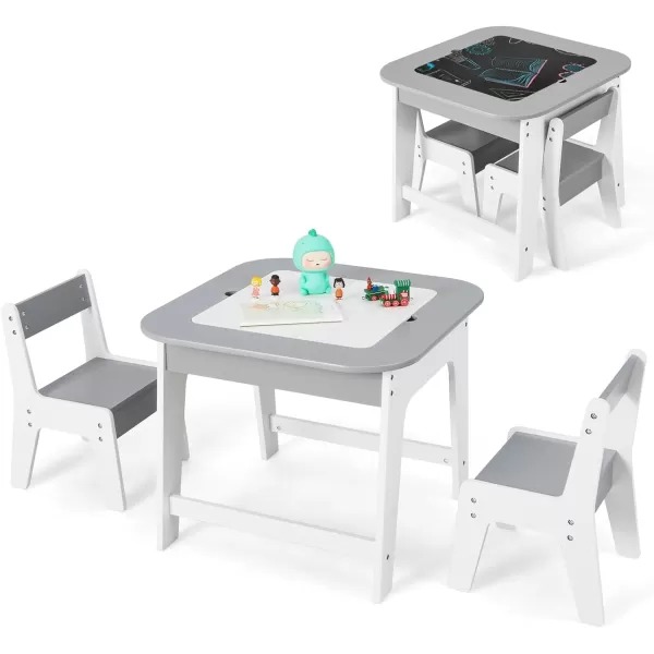 INFANS Kids Table and Chair Set, 3 in 1 Wooden Activity Table with Removable Tabletop, Blackboard and Whiteboard for Toddlers Arts Crafts Drawing Reading Playing, Playroom Nursery
