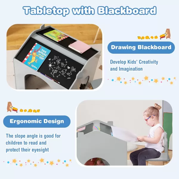 INFANS Kids Table and Chair Set, Wood Multi Activity Table with Blackboard for Toddler Playing Drawing Reading Arts Crafts, 3 Piece Children Furniture for Playroom Home School Classroom