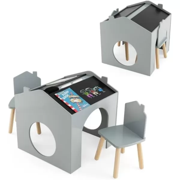 INFANS Kids Table and Chair Set, Wood Multi Activity Table with Blackboard for Toddler Playing Drawing Reading Arts Crafts, 3 Piece Children Furniture for Playroom Home School Classroom