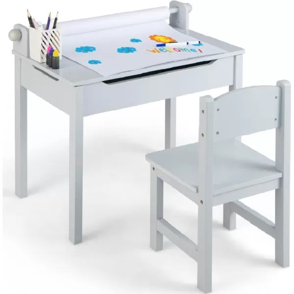 INFANS Kids Table and Chair Set with Paper Roll, Wooden Lift-top Desk for Toddler Writing Drawing Reading Craft Art, Children Furniture Activity Table Set for Nursery Daycare Playroom 