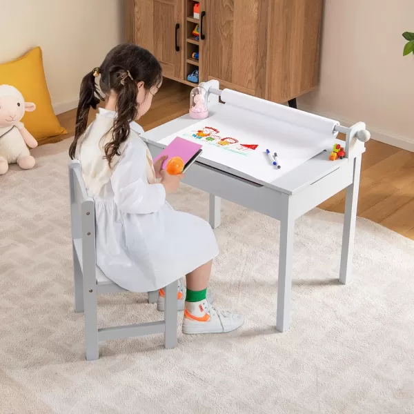 INFANS Kids Table and Chair Set with Paper Roll, Wooden Lift-top Desk for Toddler Writing Drawing Reading Craft Art, Children Furniture Activity Table Set for Nursery Daycare Playroom 