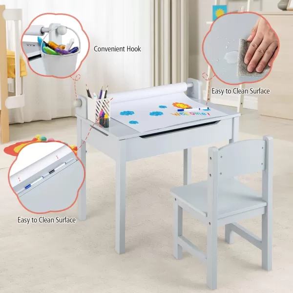 INFANS Kids Table and Chair Set with Paper Roll, Wooden Lift-top Desk for Toddler Writing Drawing Reading Craft Art, Children Furniture Activity Table Set for Nursery Daycare Playroom 