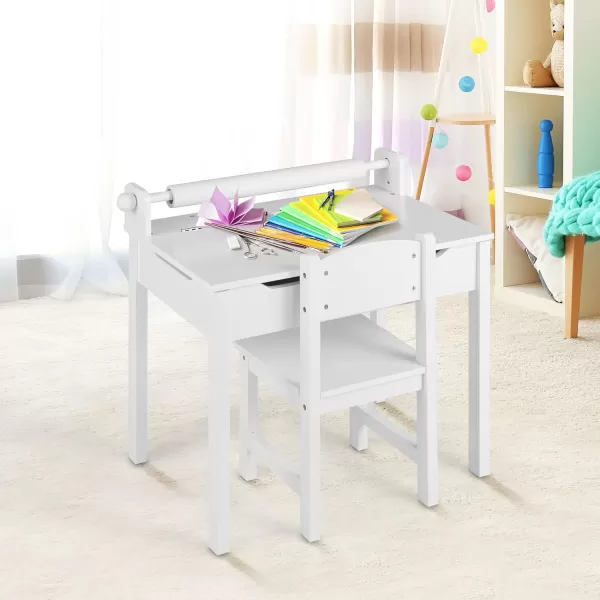 INFANS Kids Table and Chair Set with Paper Roll, Wooden Lift-top Desk for Toddler Writing Drawing Reading Craft Art, Children Furniture Activity Table Set for Nursery Daycare Playroom 