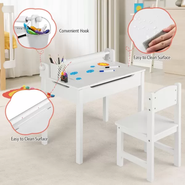 INFANS Kids Table and Chair Set with Paper Roll, Wooden Lift-top Desk for Toddler Writing Drawing Reading Craft Art, Children Furniture Activity Table Set for Nursery Daycare Playroom 