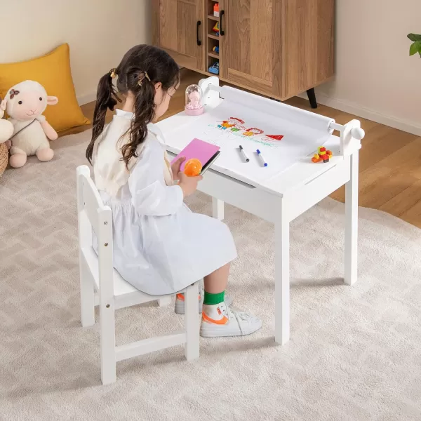 INFANS Kids Table and Chair Set with Paper Roll, Wooden Lift-top Desk for Toddler Writing Drawing Reading Craft Art, Children Furniture Activity Table Set for Nursery Daycare Playroom 